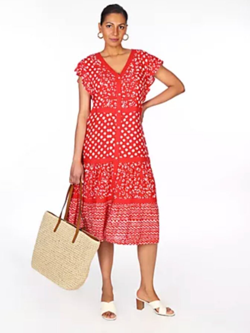 NWOT Dennis Basso Mixed Print Rayon Tiered Midi Dress Red Size Medium